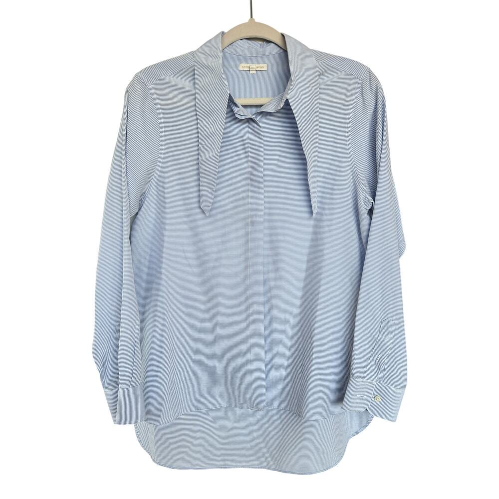 Ann Mashburn Women's Silk Cotton Poplin Tie Neck Striped Button Up Blouse Size S